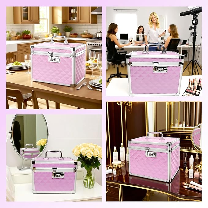 Medication Combination Lock Boxes with Code for Personal Items, Medicine Lockbox for Documents 10 x 7.25 x 7.75 Inches Plaid Pink