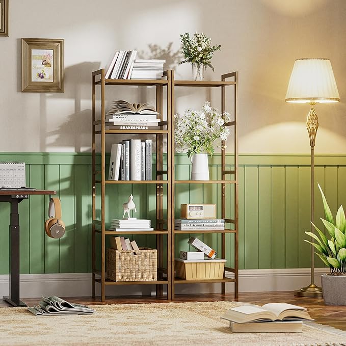 HITNET Bamboo Book Shelf, Tall Narrow Bookcase, Bathroom Shelving Unit 5 Tier Floor Standing Adjustable Bookshelf for Small Spaces, Walnut
