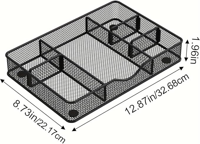 Desk Drawer Organizer Tray, Metal Mesh Drawer Organizers Office, 6 Adjustable Compartment, Desk Organizer Tray for Home Office 12.87L x 8.73D x 1.96H inch, Black, 1PC Medium-NeatNest