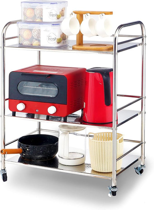 Susunnus Stainless Steel Cart With Wheels - 3 Tier Kitchen Utility Cart, Metal, Movable, Suitable for Various Occasions - Gift Tools