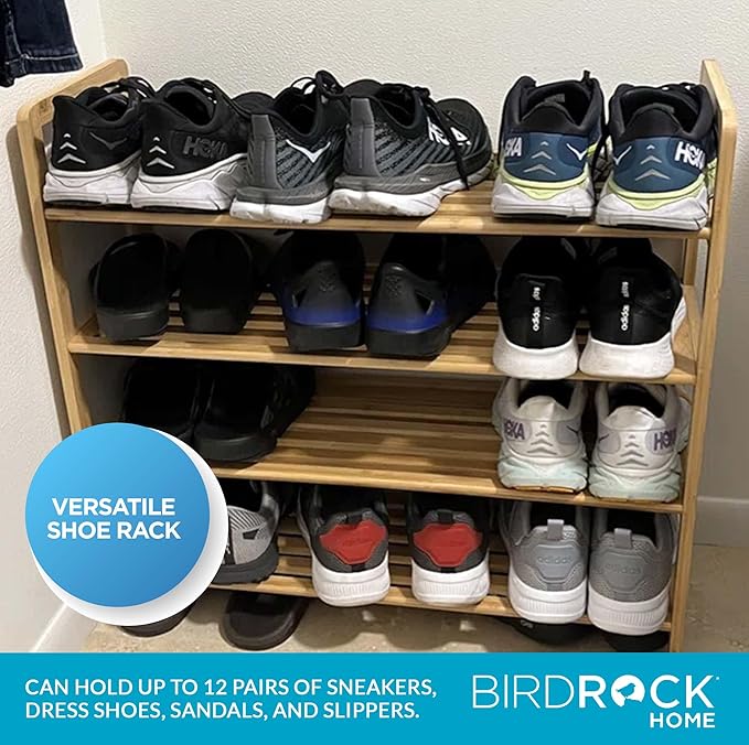 BIRDROCK HOME 4-Tier Bamboo Shoe Rack - Lightweight Wooden Organizer - Free Standing Storage Shelf for Closets, Hallways, Entryways, Mudrooms, and Front Doors - Art Deco Style - Fits 12 Pairs of Shoes-NeatNest