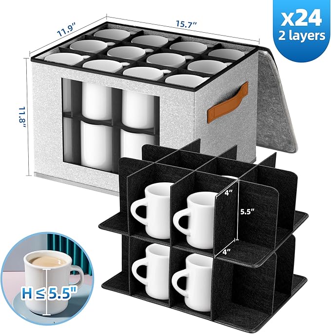 2-Layer Coffee Mug Storage Box with Dividers, Cup Storage Organizer with Zipper Lid and Handles, Stackable China Storage Containers Service for 24 Mugs, Cups and Glasses, Light Grey-NeatNest