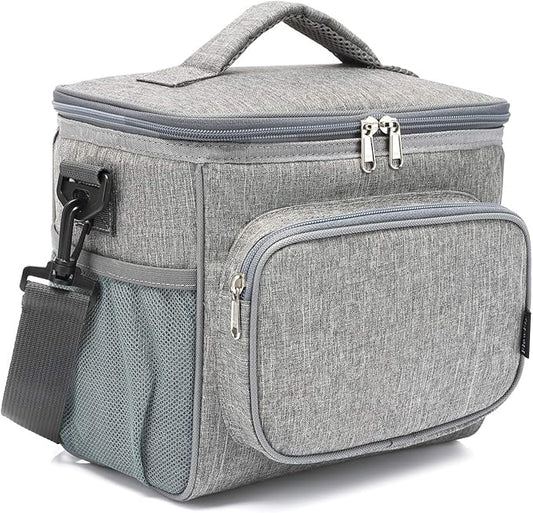 FlowFly Insulated Reusable Lunch Bag Adult Large Lunch Box for Women and Men with Adjustable Shoulder Strap,Front Zipper Pocket and Dual Large Mesh Side Pockets,Grey-NeatNest