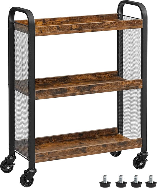 VASAGLE 3-Tier Narrow Storage Cart, Rolling Cart with Wheels, Steel Frame, Slim Storage Cart for Kitchen, Dining Room, Laundry Room, Adjustable Feet Included, Industrial Style, Rustic Brown and Black