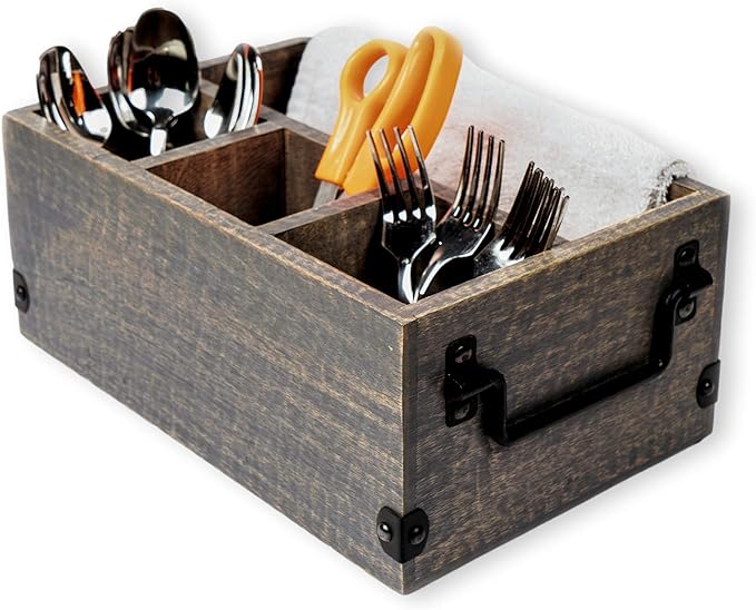 GoCraft 4 Compartment Flatware Caddy, Cutlery Utensil Holder, Silverware Condiment Organizer with Napkin Holder for Kitchen, Dining, Picnics, Grey Washed Mango Wood Caddy with Metal Handles