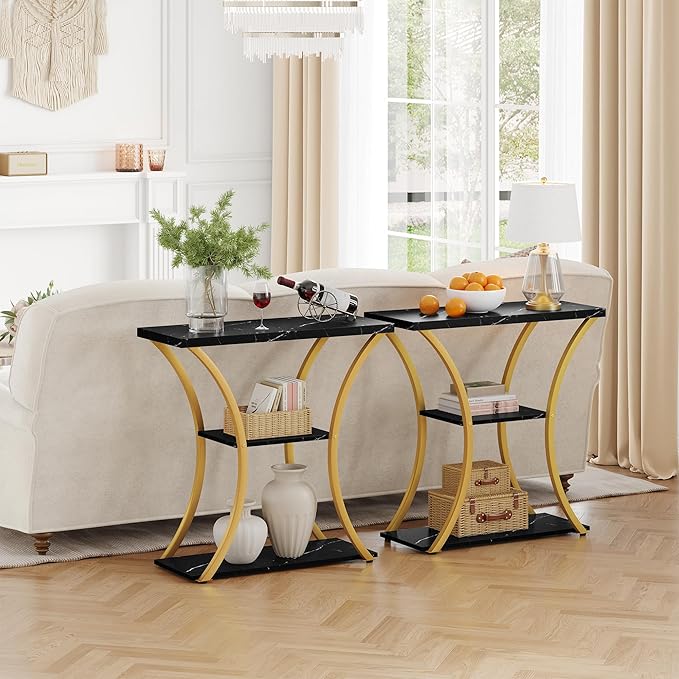 Hoctieon 3 Tier Console Table with Open Wood Shelves, Decorative Entryway Table with Curved Metal Frames, Narrow Sofa Table for Entrance, Living Room, Hallway, Gold and Black Marbled-NeatNest
