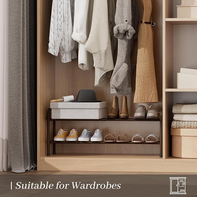 Expandable Shoe Rack, Adjustable Shoes Organizer Metal, Space-Saving Storage Shelf for Closet, Entryway, Front Door & Hallway,Sturdy and Easy Assembly (Brown, 2-Tier)