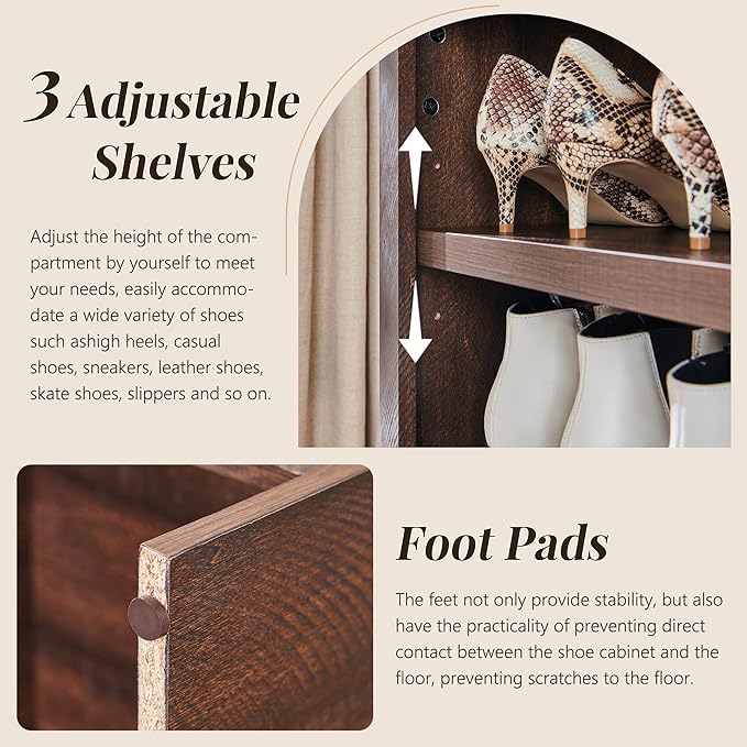 67" Tall Arched Shoe Storage Cabinet, 8 Tiers 8 Pairs Wooden Shoe Rack with 3 Adjustable Shelves, Freestanding Shoe Closet Shelf Organizer for Entryway, Hallway, Living Room (Brown)-NeatNest