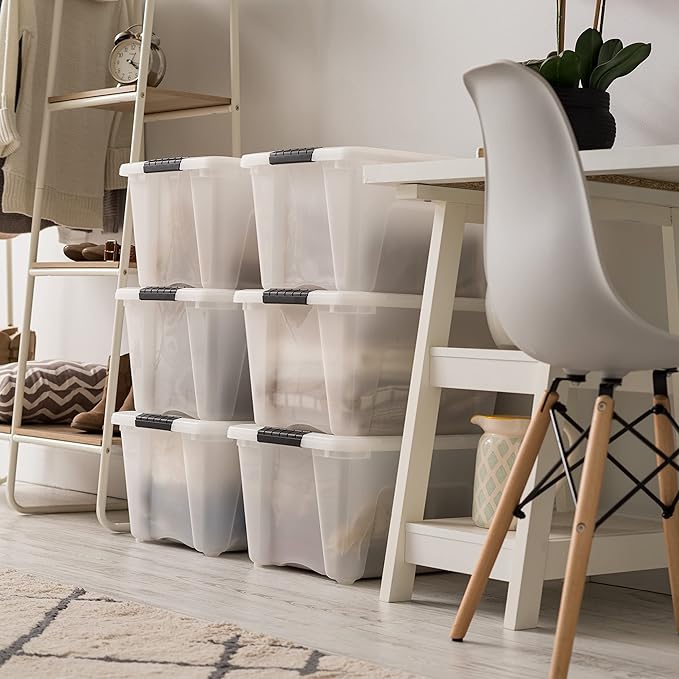 IRIS 588248 32 Quart Clear Stack and Pull Storage Container Box Bin System with Secure Latching Lids for Home, Closet, or Office (6 Count)