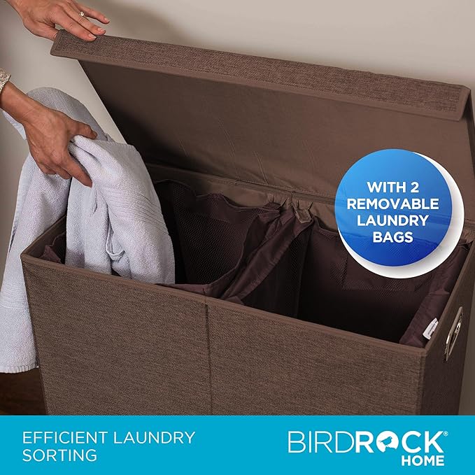 BIRDROCK HOME Laundry Hamper with Lid | Removable Bags for Sorting Clothes | Sectioned Laundry Basket for Bedroom & Bathroom | Collapsible Storage Bin with Cover | Double, Brown-NeatNest