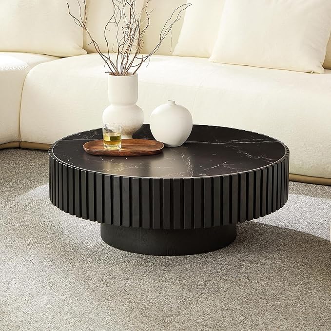 Coffee Table Stone Round 35.43'' for Living Room Modern Coffee Tables Wood Circle Drum Tea Fluted Solid Wooden Veneer Sintered Tabletop Handcraft Home Furniture for Apartment Easy Assembly Black-NeatNest