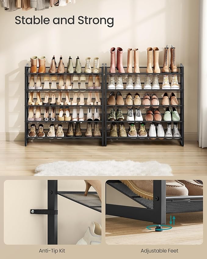 SONGMICS Shoe Rack, 10-Tier Shoe Organizer, Metal Rack for Garage, Set of 2, 5-Tier Stackable Shelf, with Adjustable Flat or Angled Shelves, 40-50 Pairs, Ink Black ULMR010B01-NeatNest