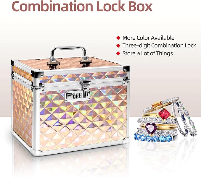 Medication Combination Lock Boxes with Code for Personal Items, Medicine Lockbox for Documents 10 x 7.25 x 7.75 Inches Plaid Gold