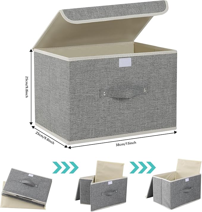 Fabric Storage Bins Cube Organizers with Flip-Top Lid and Handles,Storage Boxes for Organizing Home,Office,and Closet,Grey,3 Pack 15 x 9.8 x 9.8 in-NeatNest