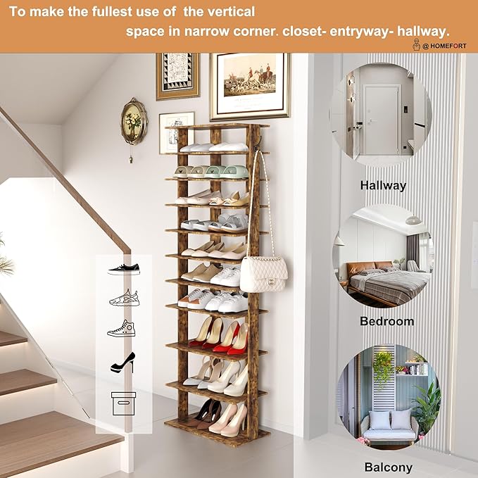 HOMEFORT 10-Tier Vertical Shoe Rack, Corner Shoe Tower, Double Rows 10 Tiers Shoe Shelf, Slim Shoe Storage Unit for 20 Pairs of Shoes, Shoe Stand for Entryway, Hallway, Closet (Rustic Brown)-NeatNest