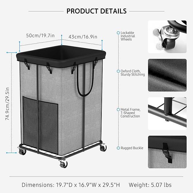 Laundry Basket 150L (39.6 gallons), Oxford Fabric Laundry Hampers, Metal Frame and Removable Bag Design with Wheels, Suitable for Bedroom, Bathroom, Dorm Room, Laundry Room (Cationic)