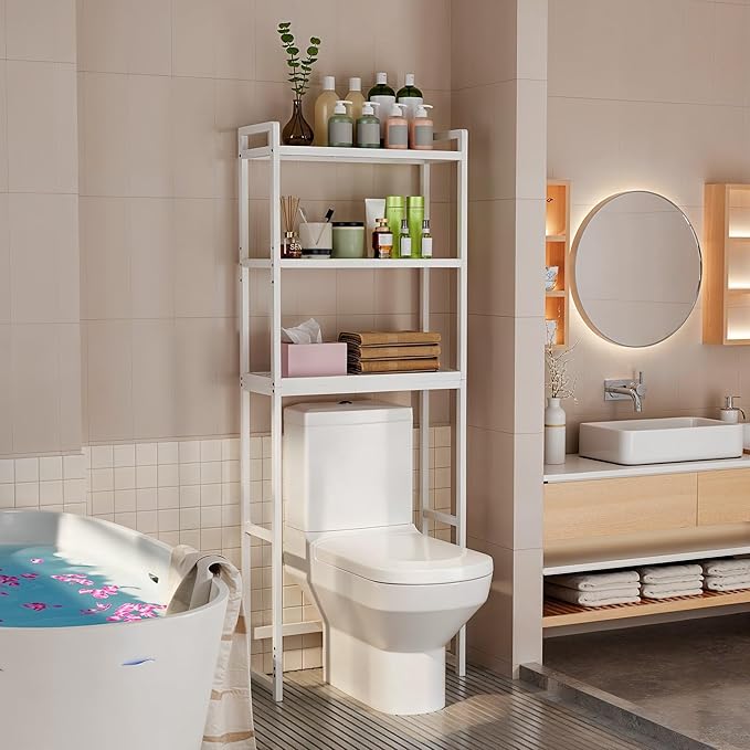 Gizoon Over The Toilet Storage, 3 Tier Bamboo Bathroom Organizer with Adjustable Shelf, Freestanding Above Toilet Stand, Bathroom Storage Shelf Rack
