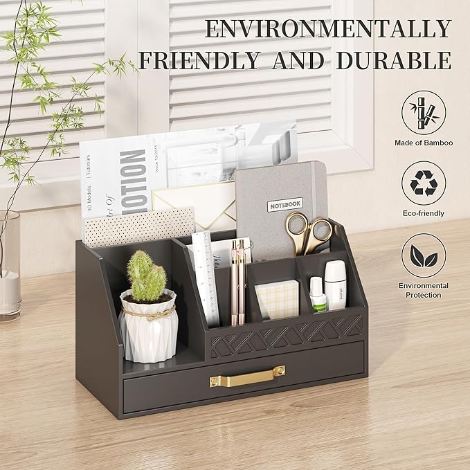 Bamboo Desk Organizer with Drawers, Mail Organizer Countertop Wood Desk Drawer Tabletop Storage Organization Pen Holder Letter Sorter Makeup Organizer for School Home Office (Black)-NeatNest