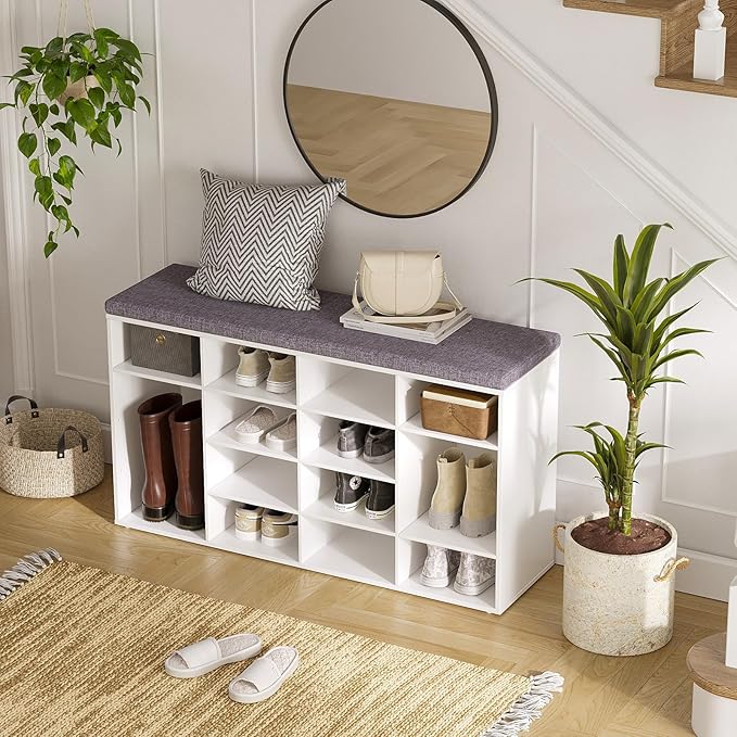 DINZI LVJ Shoe Storage Bench with Cushion, 16-Cubby Shoe Rack, Adjustable Shelves, Multifunctional Shoe Organizer Bench for Entryway, Mudroom, Hallway, Living Room, Bedroom and Garage, White-NeatNest