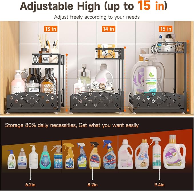 2 Packs Under Sink Organizer, High Adjustable 2 Tier Under Kitchen sink organizer, Multi-Purpose Storage Shelf for Kitchen Bathroom Cabinet, Black (Black02)-NeatNest