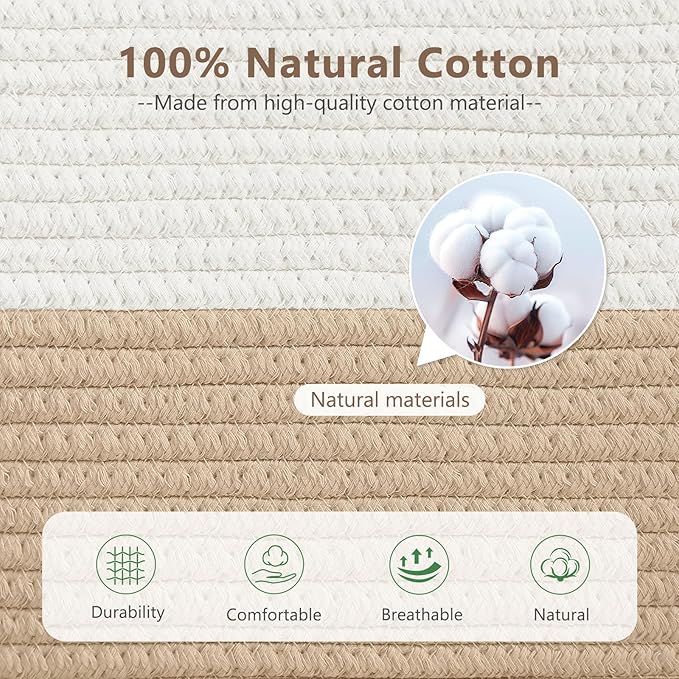 Cotton Rope Storage Baskets, 15x10x9 in, Rectangular, White/Beige-1Pack, Modern, Durable, Easy To Use, Foldable, Laundry, Storage, Decoration-NeatNest