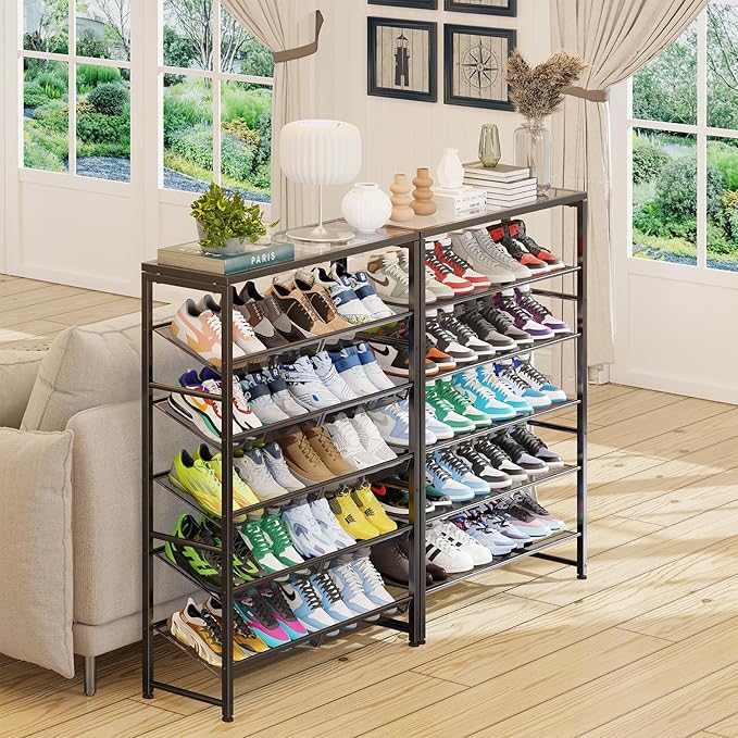 Simple Trending Shoe Rack, 6 Tier Shoe Organizer Holds 25 Pairs, Metal Shoe Storage with Adjustable Shelves, Tempered Glass, Black-NeatNest