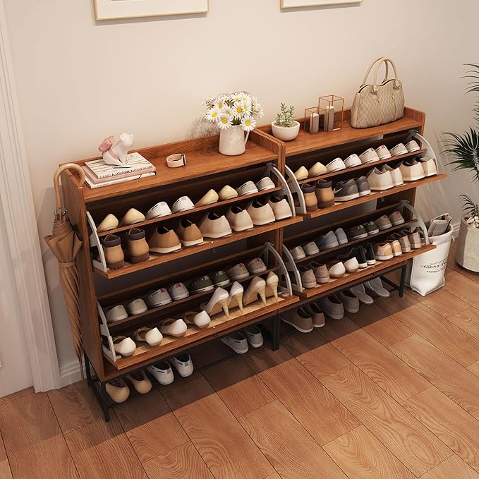 AVZEAR Narrow Shoe Storage Cabinet for Entryway with 2 Flip Drawers, Freestanding Shoe Cabinet with Natural Linen Panel, Slim Wood Shoe Organizer Closed Shoe Rack for Hallway, Foyer(Walnut)-NeatNest