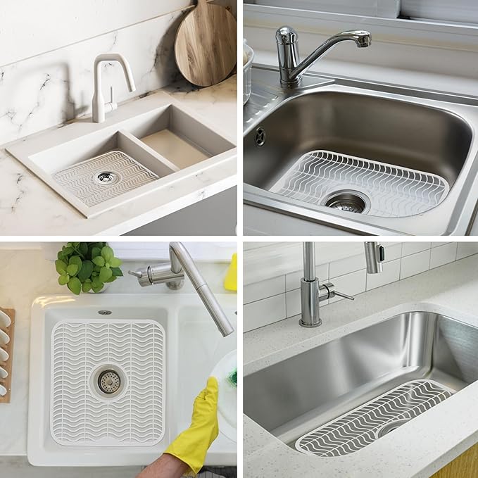 DecorRack 2 Sink Protectors for Kitchen Sink, Plastic 12" x 11" Dish Rack, Protect Sink from Stains, Damage, Scratches, Dishwasher Safe Grid Mat for Kitchen (2 Pack, White)