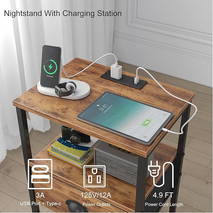 Nightstands Set of 2, Night Stands with Charging Station and Fabric Drawer, Bedside Tables with Storage, 2- Tier Side Table with Open Shelf, Nightstands with Charging Station,Rustic Brown