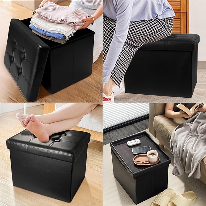 AmasSmile Storage Ottoman Folding Foot Rest Stool, Leather Footstool Bench, Short Ottoman Stool, Storage Foot Rest Store, Books (Black, 17" D x 13" W x 13" H)-NeatNest