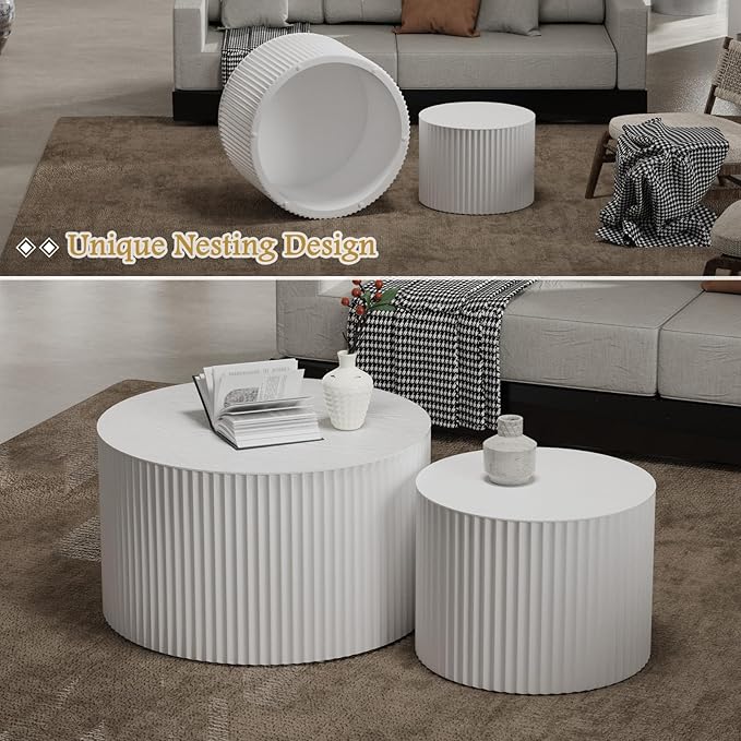 Round Coffee Table Set of 2 Modern Nesting Coffee Tables Wooden Drum Coffee Tables with Non-Slip Feet, Circle Nesting Tables End Table for Living Room Office, No Assembly (White 27.56"+19.69")