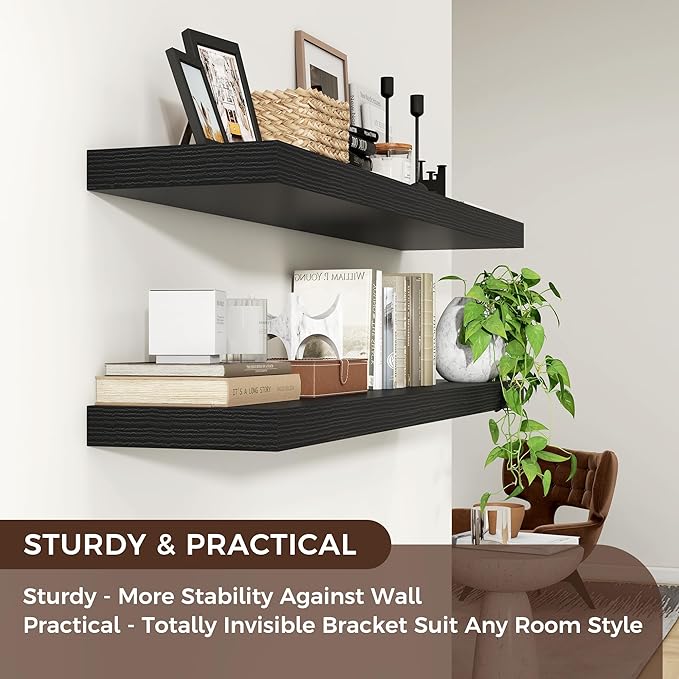 Floating Shelves for Wall, 48"W x 9"D x 1.5"H, 2 Pack of Long Wall Mounted Engineered Wood Shelves with Invisible Brackets for Living Room, Bedroom, Bathroom, Kitchen Decor and Storage, Black-NeatNest