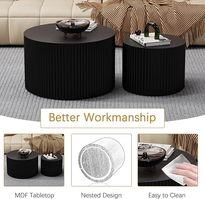 Round Coffee Table Set of 2 Modern Nesting Coffee Tables Wooden Drum Coffee Tables with Non-Slip Feet, Circle Nesting Tables End Table for Living Room Office, No Assembly (Black 18.9"+14.96")