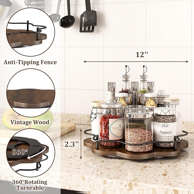 12" Lazy Susan Turntable Organizer,Round Wooden Lazy Susan Organization and Rotating Spice Rack for Dining Table,Pantry,Kitchen Countertop,Vanity,Cupboard and More.Vintage Wood(Petal Shape)-NeatNest