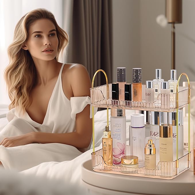 2 Tier Bathroom Organizer Countertop Makeup Perfume Tray Skincare Organizer for Bathroom Dresser Vanity (Gold)-NeatNest