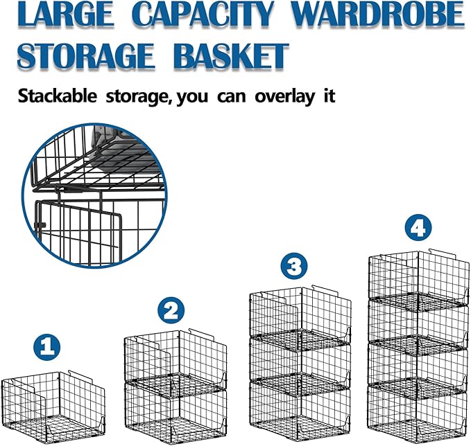 Stackable Closet Organizers and Storage Bins 4 Pack, Sturdy Metal Clothes Storage Container for Clothes Pants Sweaters, Black Folded Drawer Shelf Organizer for Closet Wardrobe