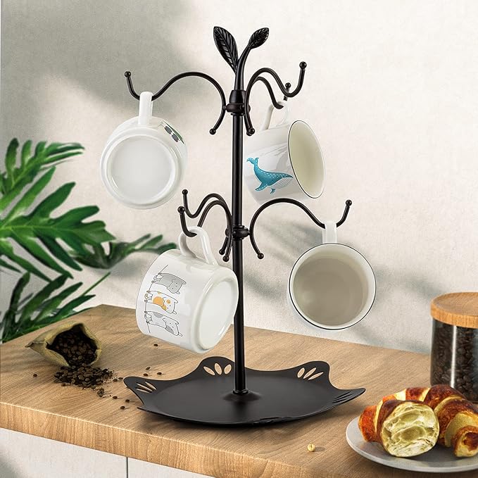 Coffee Mug Holder for Large Mugs, Mug Tree for Counter, Cup Holder for Countertop, Mug Rack with Tray, Metal Mug Tree with 6 Hooks, Coffee Counter Bar Accessory & Kitchen Home Organizer-NeatNest