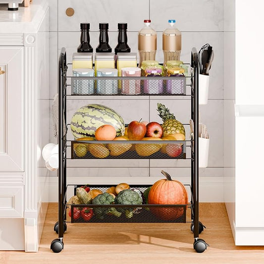 3/4/5 Tier Fruit Vegetable Basket, Stackable Metal Mesh Storage Basket with 360 Degree Wheels, Fruit Vegetable Produce Basket Storage Organizer for Kitchen, Pantry, Bathroom Black 3-Layers