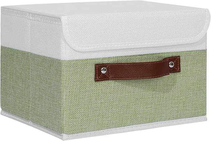 ANMINY Storage Boxes with Lids Washable Decorative Storage Bins Basket with PU Leather Handle Foldable Linen Fabric Storage Cubes Containers for Home Closet Organizer - Green White, Small Size-NeatNest