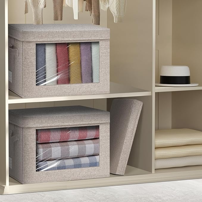 4-Pack Fabric Storage Bins with Lids, Foldable Storage Boxes with Handles & Clear Window, Closet Organizers for Clothes, Books (Oatmeal, 4PCS/14.9 x 9.8 x 9.8 in)-NeatNest