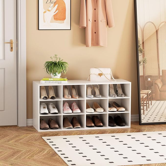 Garden 4 you Shoe Storage Bench, Cubby Shoe Rack with 12 Cubbies, 3-Tier Wood Shoe Rack Organizer, Shoe Organizer Cabinet for Entryway, Hallway, Closet and Garage, White-NeatNest