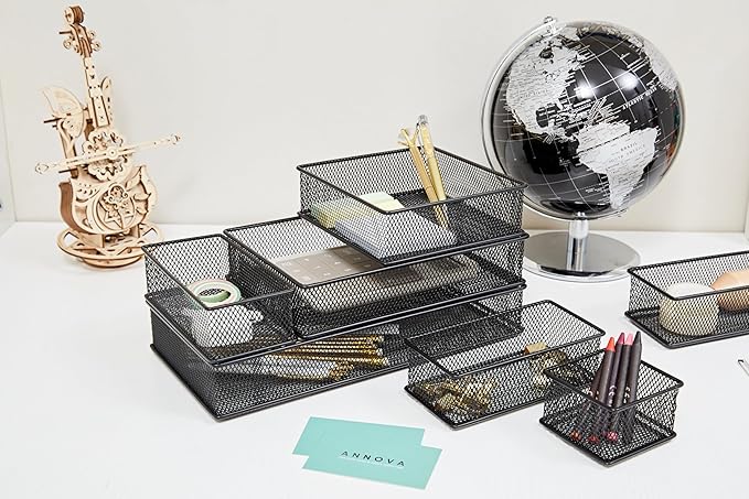 Annova Mesh Stackable Drawer Cabinet and Shelf Organizer Bins Storage Basket School Office Supply Holder Tray- Set of 2 (Black, 6x15x2 Inch)-NeatNest