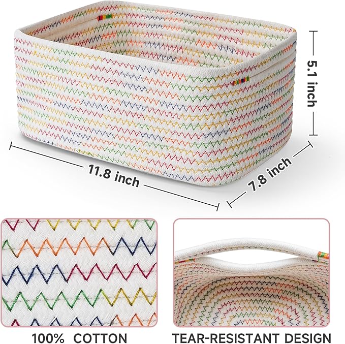 3-Pcs Shelf Baskets for Organizing, Closet Organizer Bins, Small Woven Baskets, Rope Toy Basket, Storage Basket for Shelves, Cube Decorative Box, 11.5×7.5×4.7”, Rainbow-NeatNest