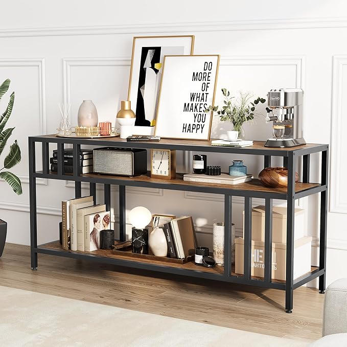Garvee 58" TV Stand for Television up to 65 Inches, Entertainment Center with 3-Tier Open Shelves, TV Media Console Table with Quadruple-Tube Support for Living Room, Entryway, Rustic Brown-NeatNest