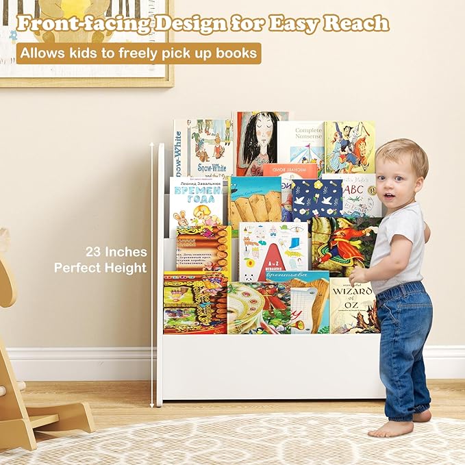 GLACER 4-Tier Kids Bookshelf, Wood Toddler Bookcase with Deep Magazine Display Shelf & Back Storage Space, Children Storage Organizer for Nursery, Playroom, Kids Bedroom, Classroom (White)