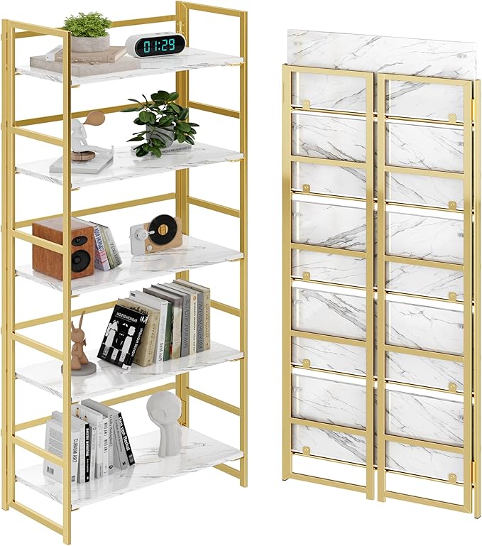 BHG No Assembly Folding Bookshelf for Living Room, 5 Tier Gold Collapsible Book Shelf for Home Office, Portable Bookcase Storage Organizer-NeatNest