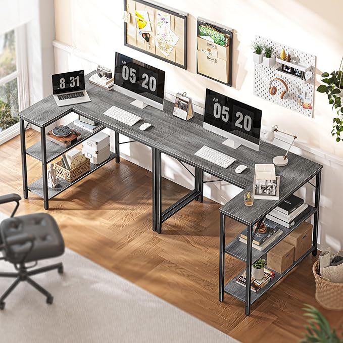 Huuger L Shaped Desk, 39 Inches Computer Desk with Reversible Storage Shelves, for Gaming Corner Home Office Writing Study, Metal Frame, Gray-NeatNest