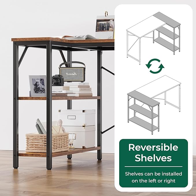 Huuger L Shaped Desk, 55 Inches Computer Desk with Reversible Storage Shelves, for Gaming Corner Home Office Writing Study, Metal Frame, Rustic Brown-NeatNest