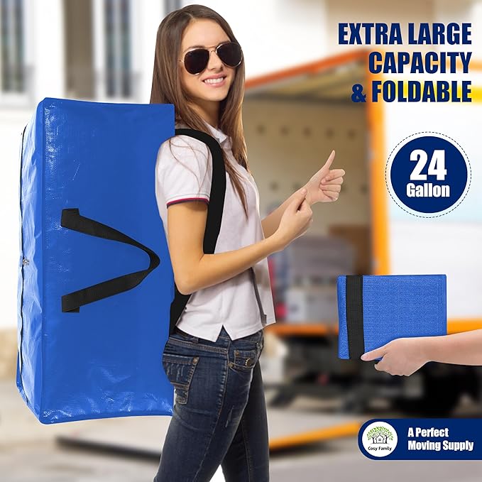 Cosy Family 12 Pack Heavy Duty Moving Bags with Backpack Straps - Strong Handles & Zippers, Storage Totes For Space Saving, Fold Flat, Alternative to Moving Box (X-Large-Set of 12, Multicolored)-NeatNest