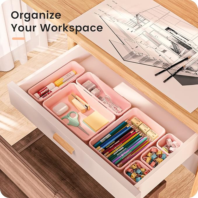 【𝟮𝟮𝗣𝗖𝗦】A-LUGEI Plastic Pink Desk Drawer Organizer, Bathroom Organizers and Storage, Makeup Organizer, Organization and Storage Bin Container for Vanity Office Utensils Gadget Tool Pantry Cosmetic-NeatNest